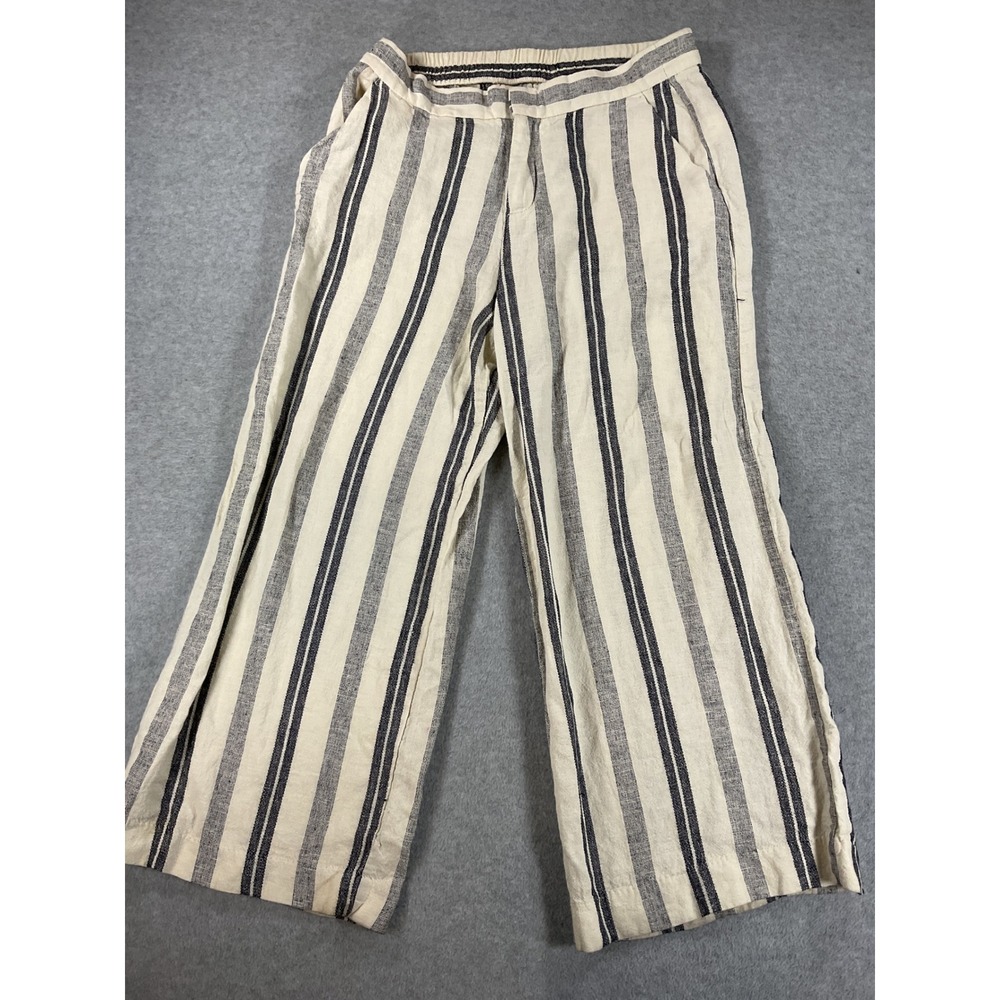 Old Navy Womens Small Linen Blend Striped Wide Leg Pants Navy Cream RN54023 2486
